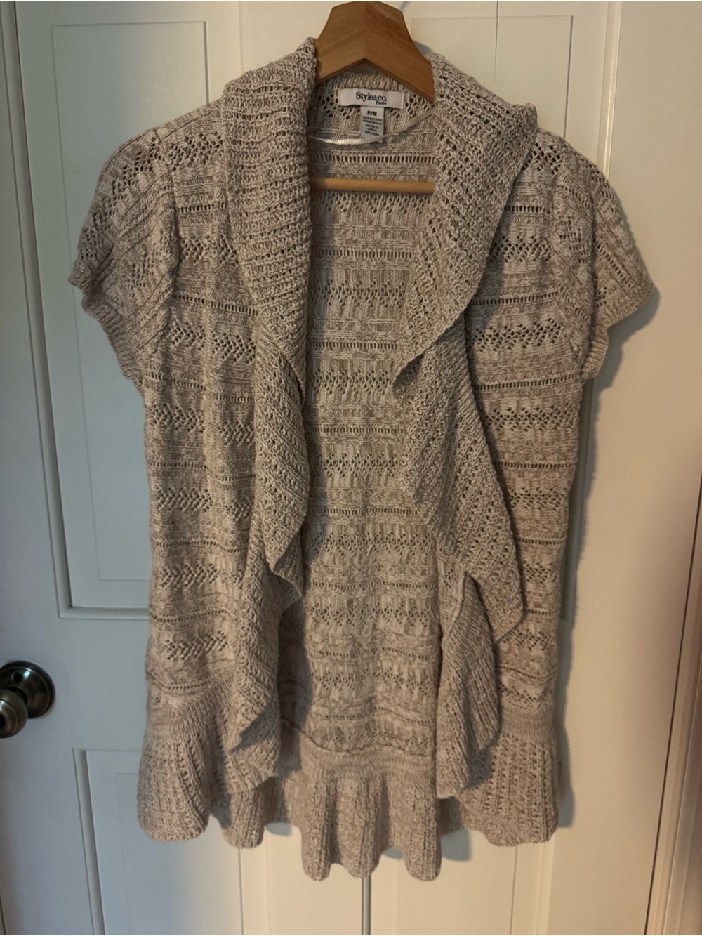 Style & Co. Beige Open-Front Short-Sleeve Draped Knit Cardigan Sz PM